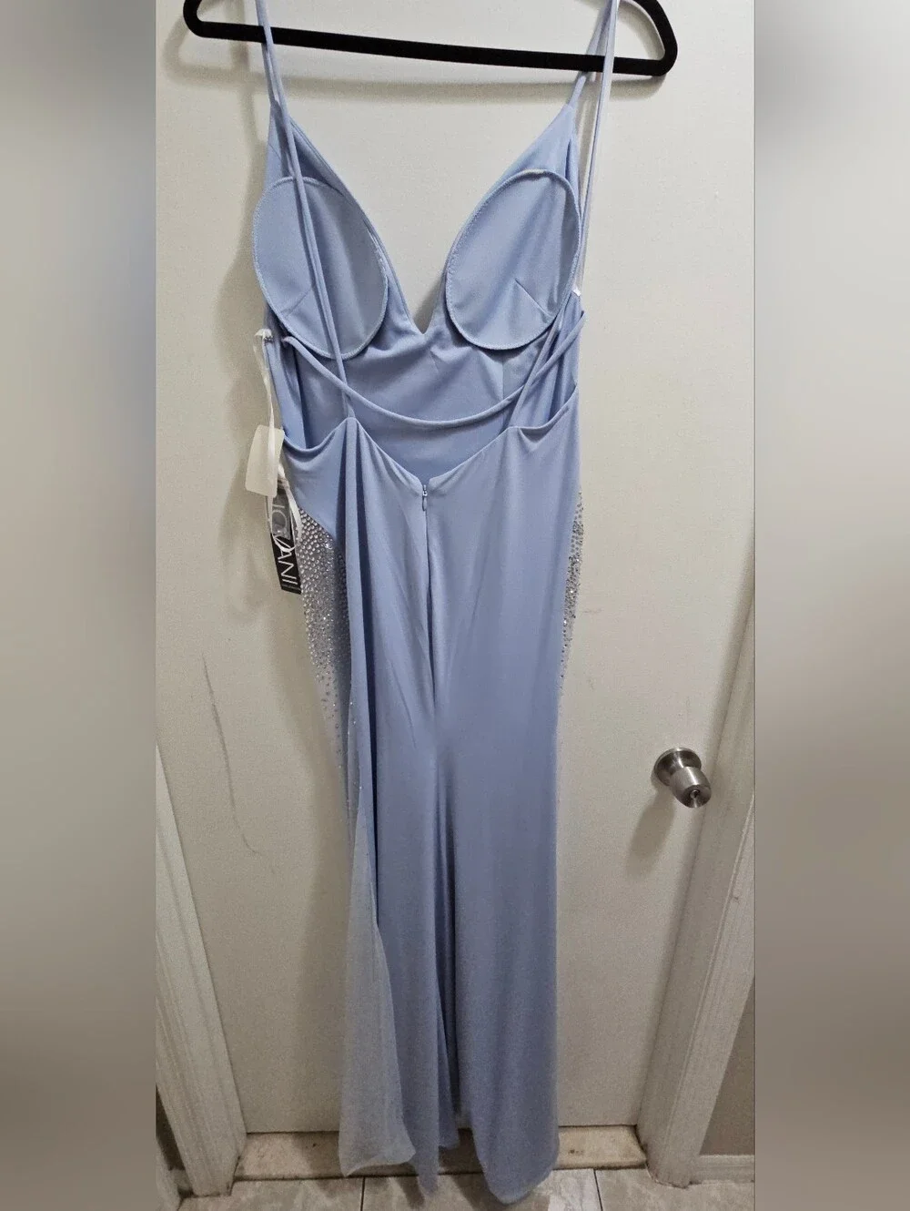 JOVANI Light Blue Backless Evening Gown with Embellished Sheer Panels